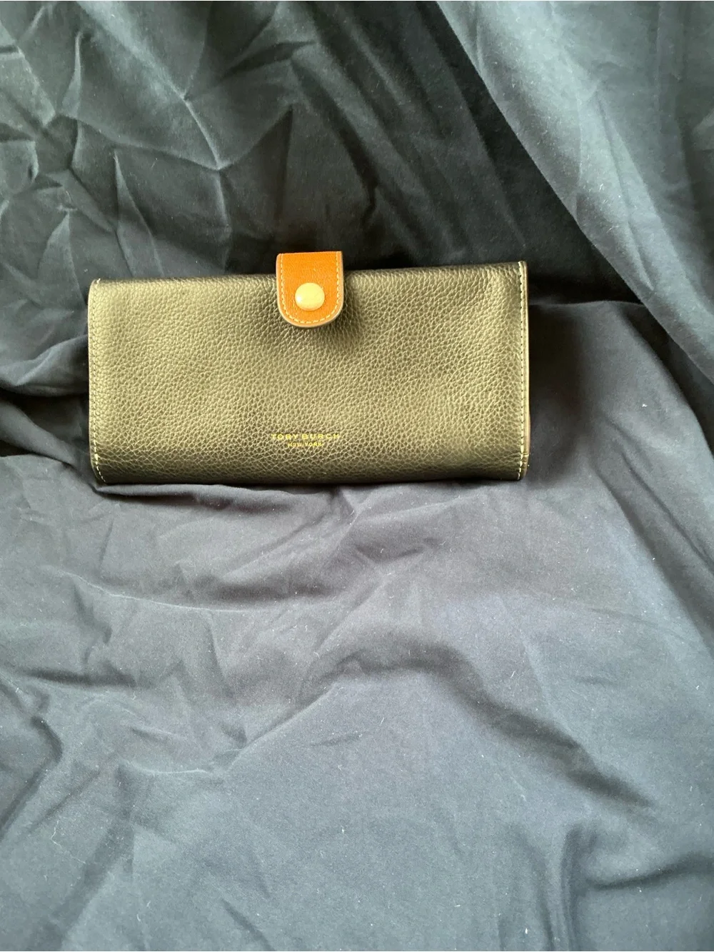 Tory Burch Black Leather Wallet with Tan Snap Tab